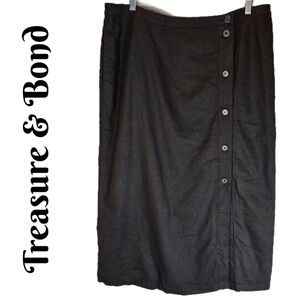 Tresure-Bond Womens Midi Skirt Sz XL Linen Blend Lined Pockets Front Button